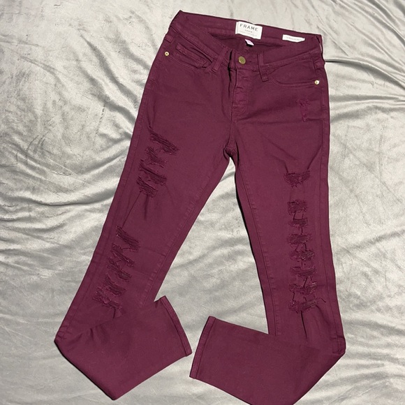 🥰🥰Frame Denim Burgundy Distressed Skinny Jeans🥰🥰 - Picture 2 of 11